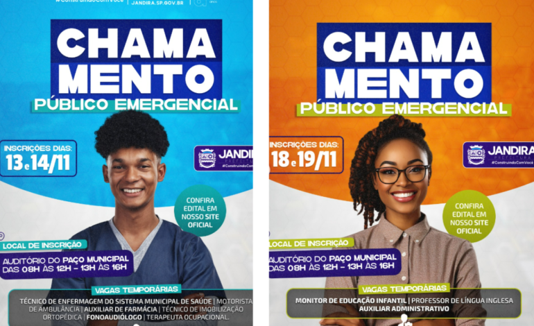Prefeitura de Jandira anuncia Chamamento Público emergencial para contratação de profissionais nas áreas de saúde e educação