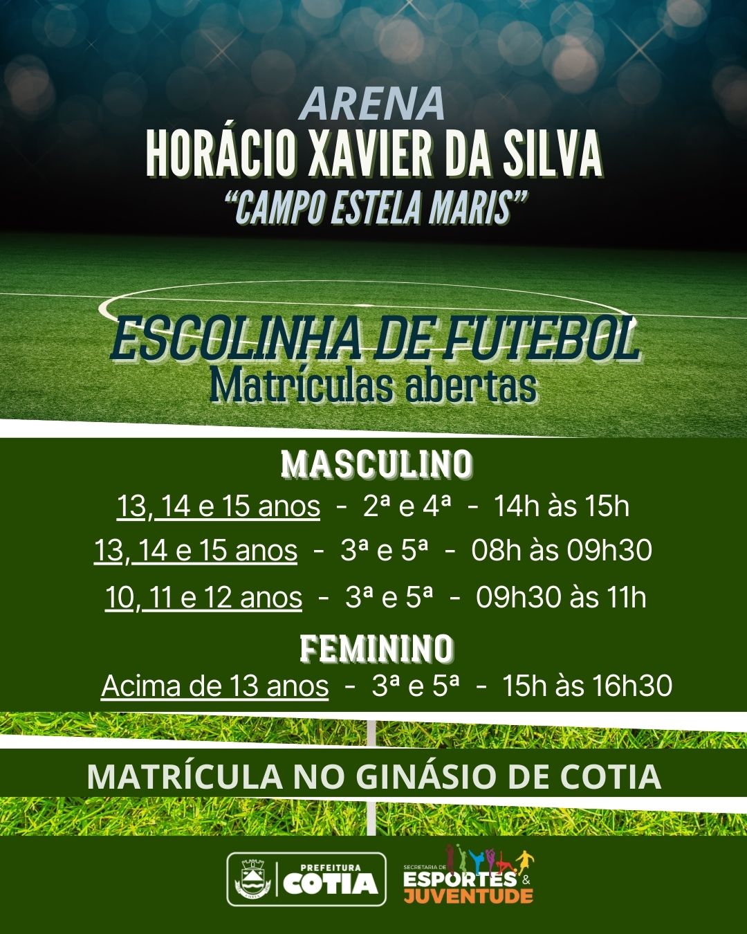 Prefeitura tem inscrições abertas para escolinha de futebol na arena do Estela Mari