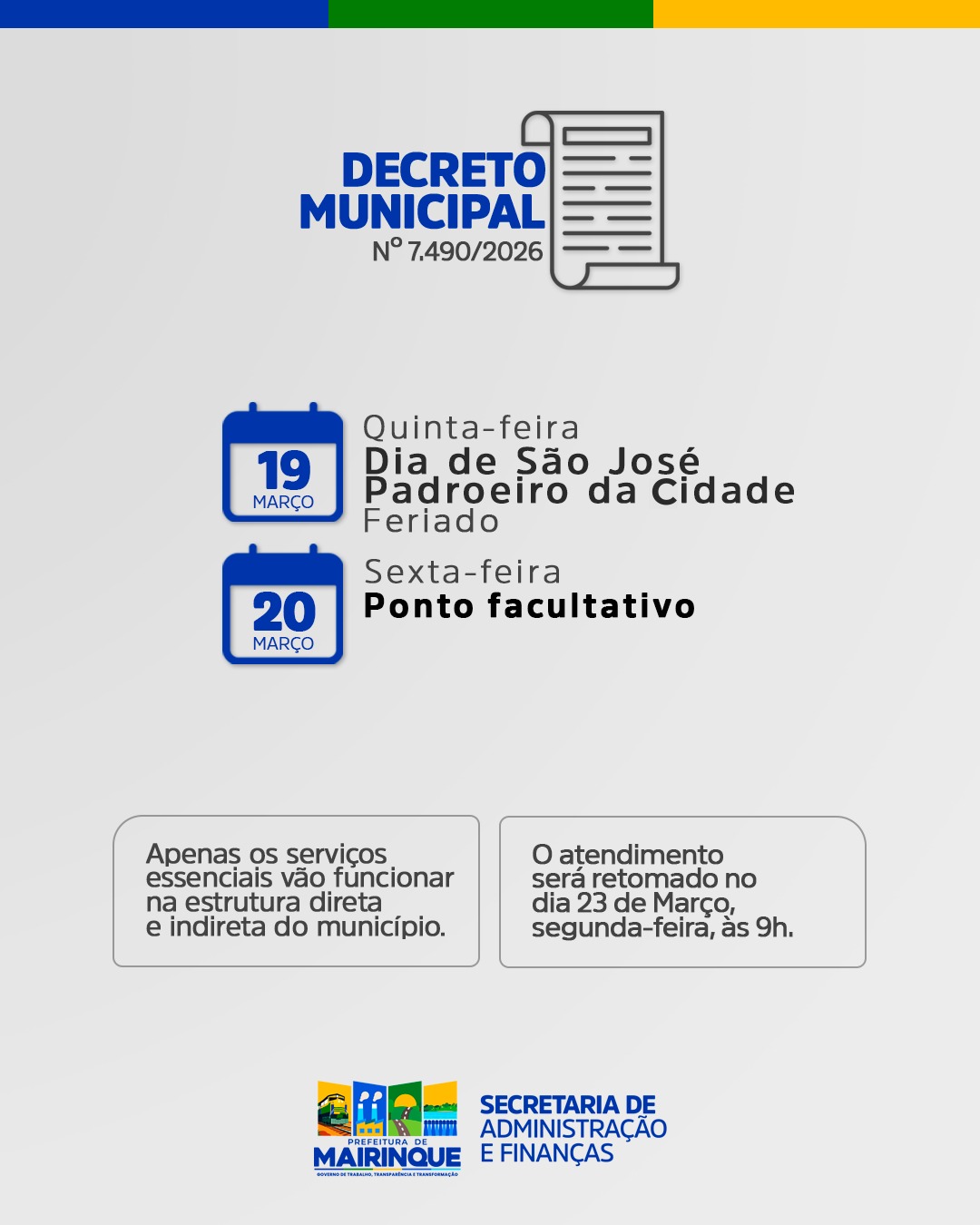 Prefeitura de Mairinque informa feriado municipal em 19 de março e ponto facultativo no dia 20