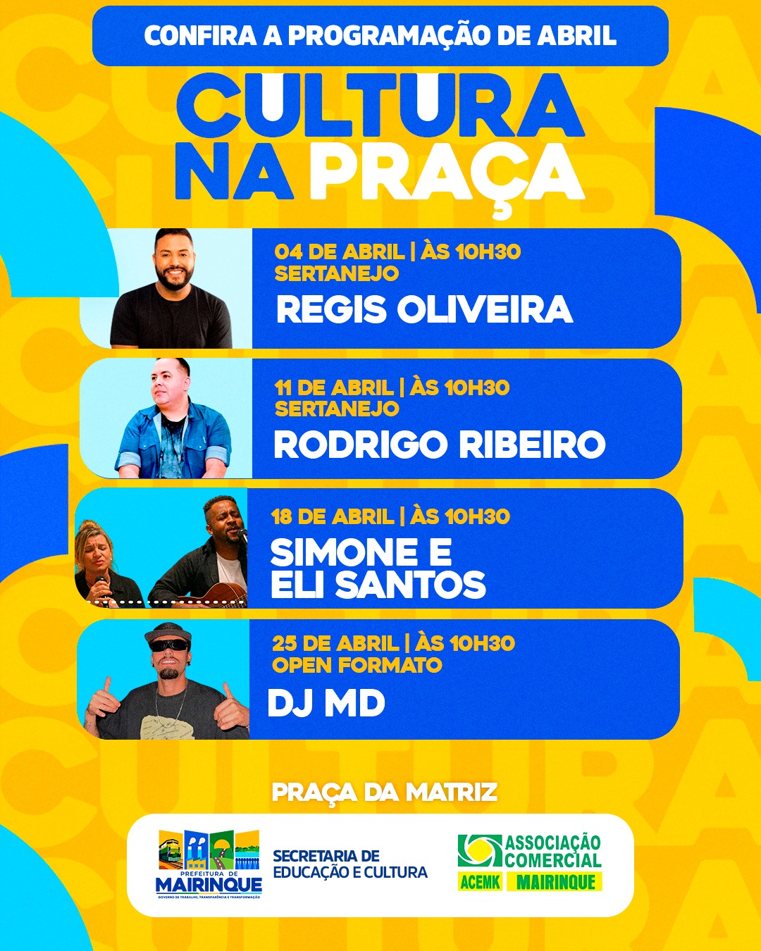 Cultura na Praça terá programação especial durante o mês de abril em Mairinque
