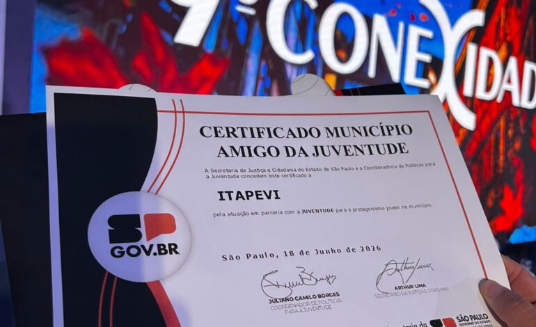 Itapevi recebe pelo 4º ano consecutivo o Certificado Município Amigo da Juventude, do Governo do Estado