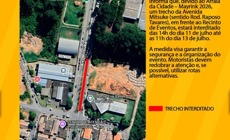 Prefeitura de Mairinque informa interdição temporária na Avenida Mitsuke durante o Arraiá da Cidade