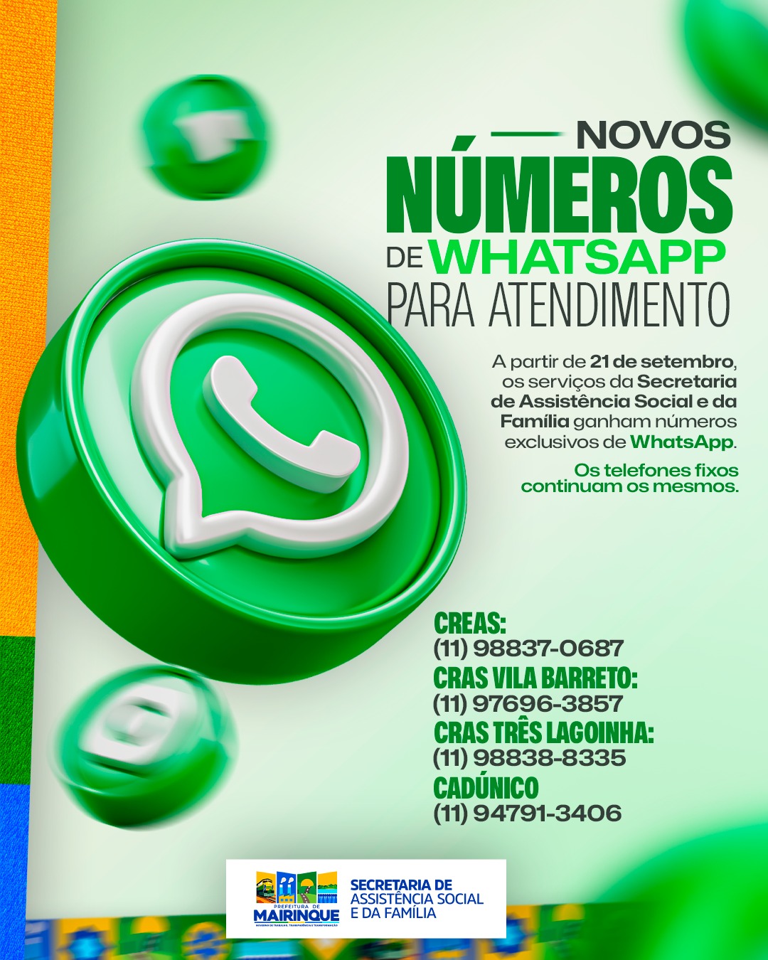 Prefeitura de Mairinque divulga novos números de WhatsApp para atendimento da Assistência Social